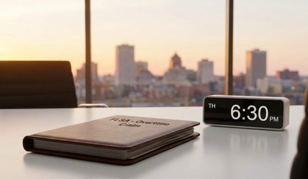 Office desk with overtime claim file and clock symbolizing exempt vs nonexempt employee Tennessee overtime rights.