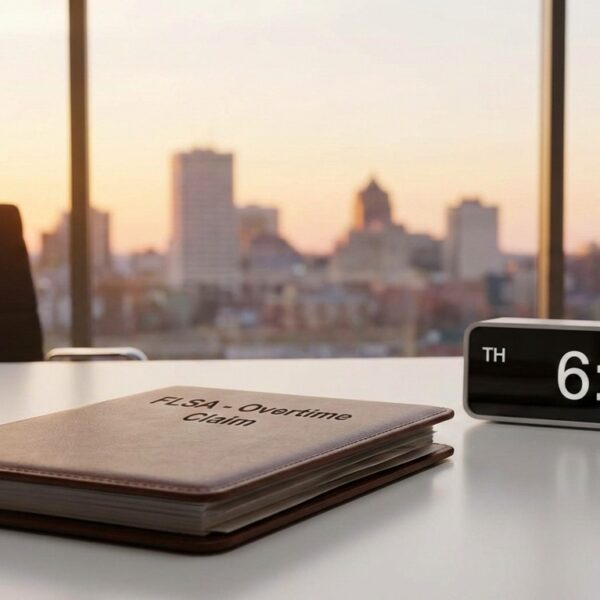 Office desk with overtime claim file and clock symbolizing exempt vs nonexempt employee Tennessee overtime rights.