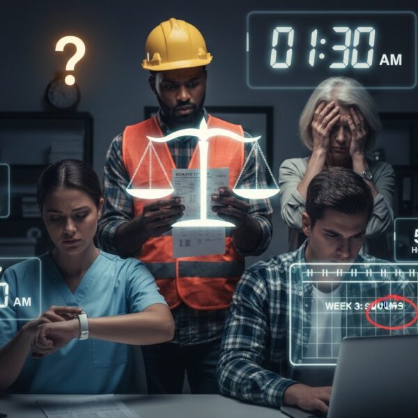 A diverse group of employees in healthcare, construction, and office settings reviewing long work hours, representing the impact of Tennessee overtime laws.