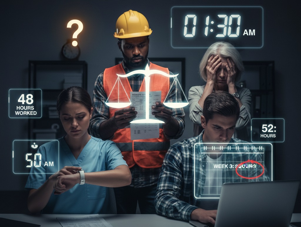A diverse group of employees in healthcare, construction, and office settings reviewing long work hours, representing the impact of Tennessee overtime laws.