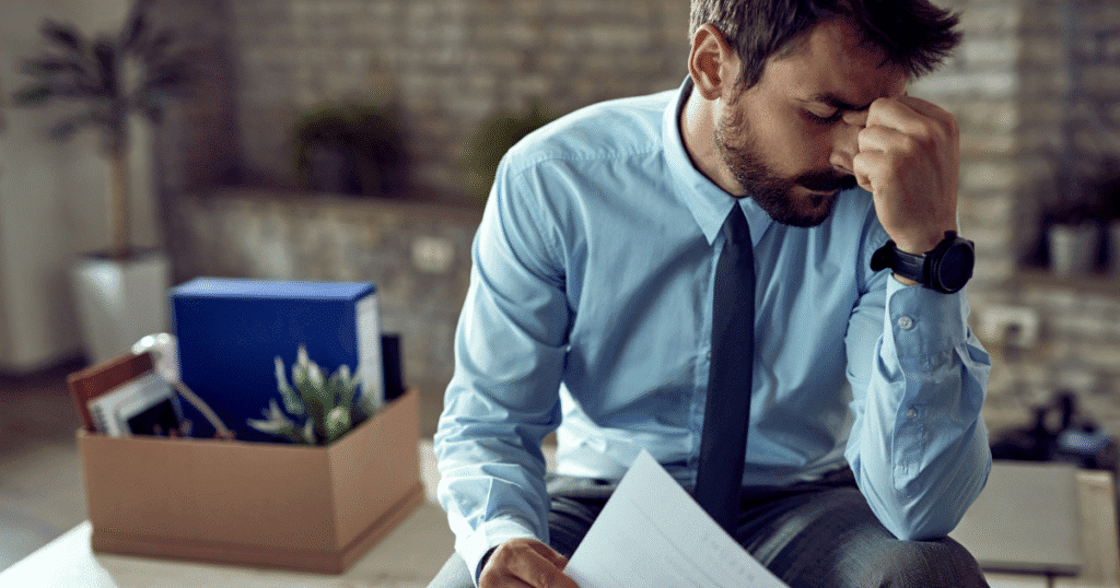 Laid-off worker feeling stressed while reviewing documents about unemployment benefits in Memphis.