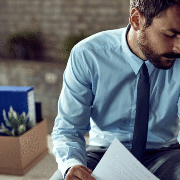 Laid-off worker feeling stressed while reviewing documents about unemployment benefits in Memphis.