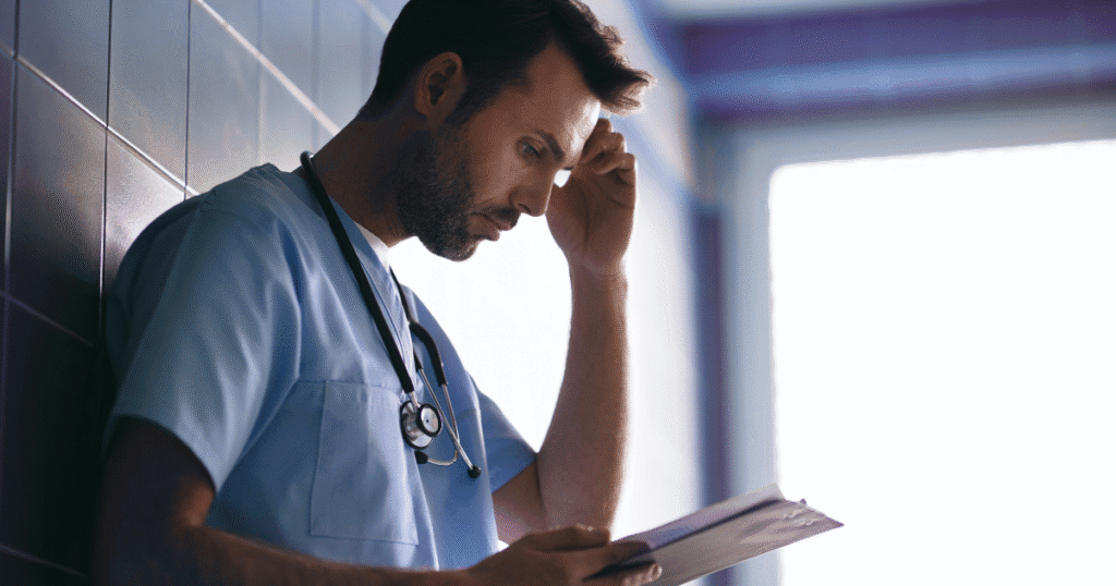 Doctor reading medical board disciplinary action letter with concern about medical license suspension