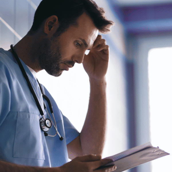 Doctor reading medical board disciplinary action letter with concern about medical license suspension