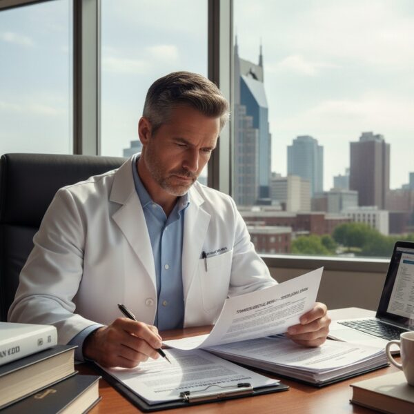 Physician reviewing documents to appeal a Medical Board Decision in Tennessee.
