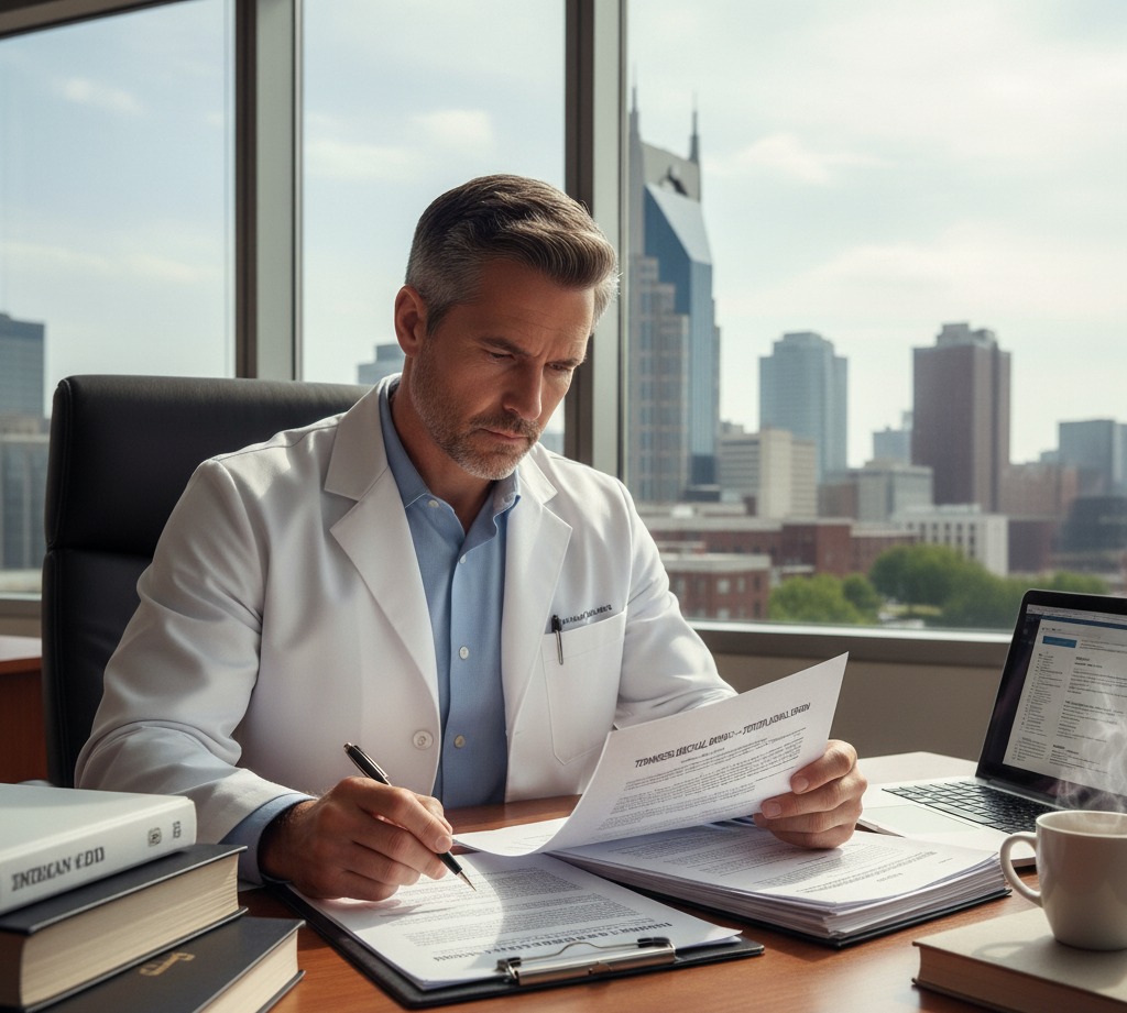 Physician reviewing documents to appeal a Medical Board Decision in Tennessee.