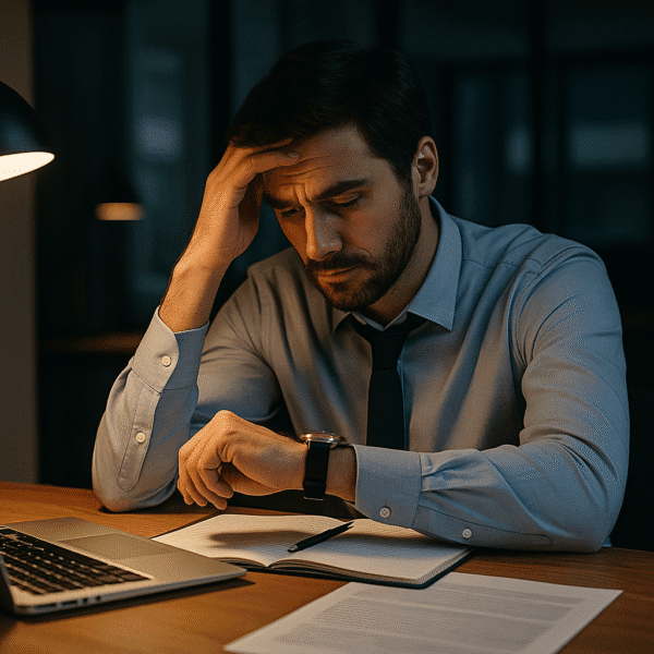 Tired worker checking watch, due to employer not paying overtime.