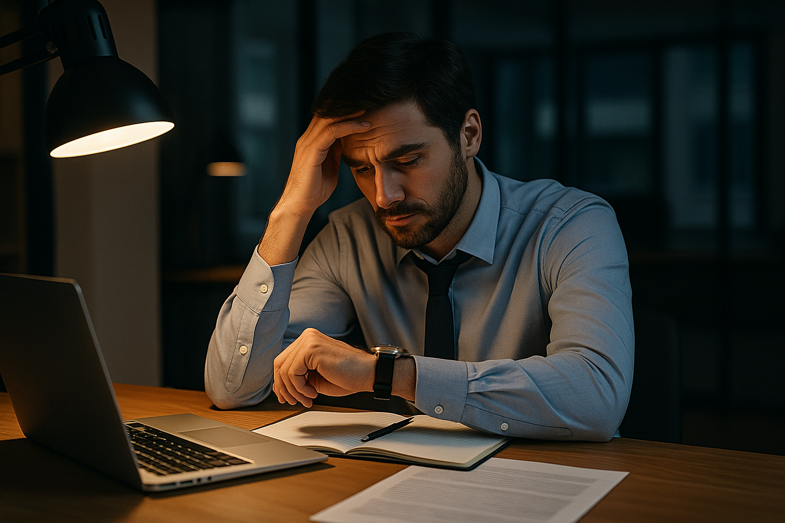 Tired worker checking watch, due to employer not paying overtime.