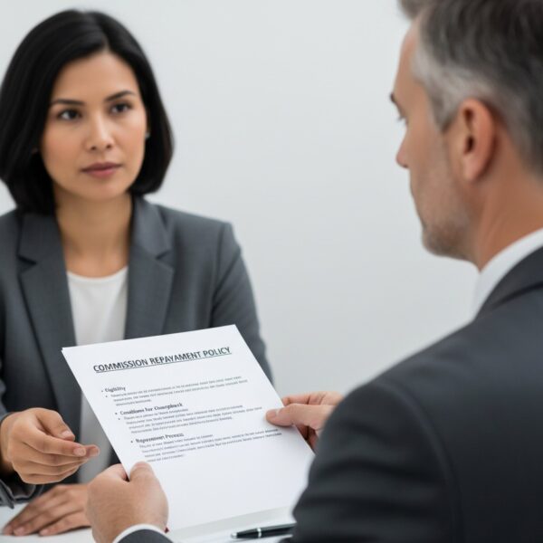 An employee hands a manager a commission repayment policy document, representing workplace discussions about commission repayment Tennessee requirements and employee rights.