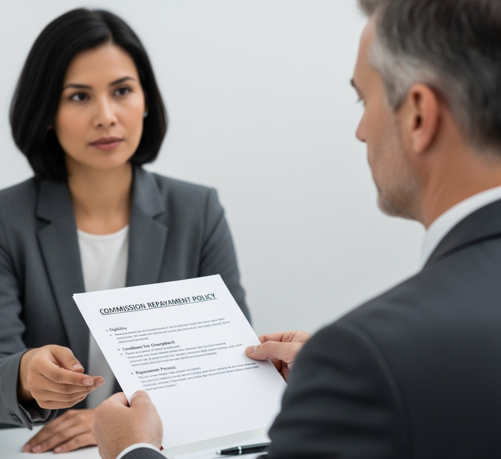 An employee hands a manager a commission repayment policy document, representing workplace discussions about commission repayment Tennessee requirements and employee rights.