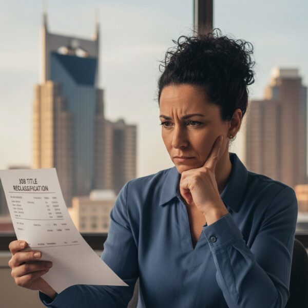 A concerned employee reviews a "Job Title Reclassification" document with a city skyline in the background, illustrating the confusion around a job title or classification change in Tennessee, prompting the need for a job title or classification change attorney Tennessee.