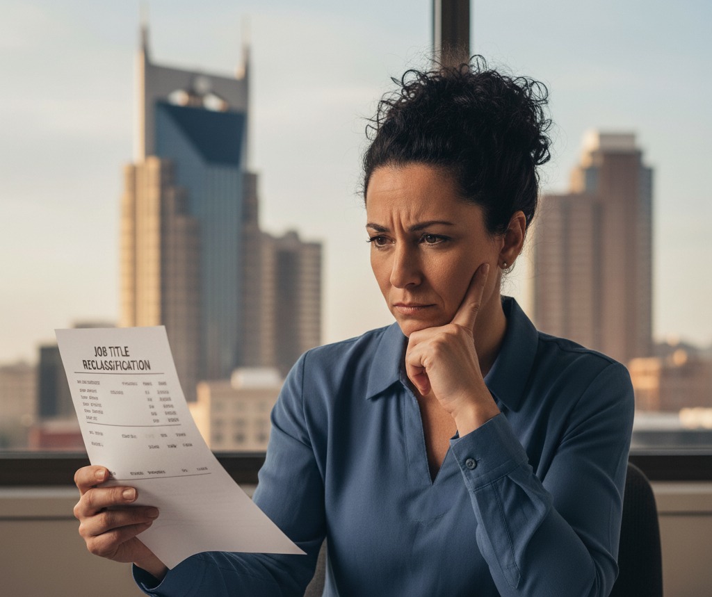 A concerned employee reviews a "Job Title Reclassification" document with a city skyline in the background, illustrating the confusion around a job title or classification change in Tennessee, prompting the need for a job title or classification change attorney Tennessee.