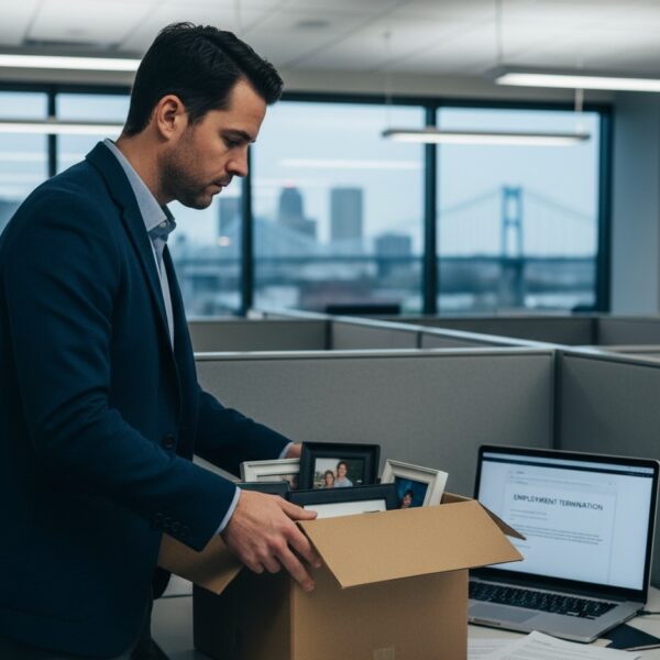 Employee packing personal items after being dismissed, representing wrongful termination attorney Tennessee assisting workers facing job loss.