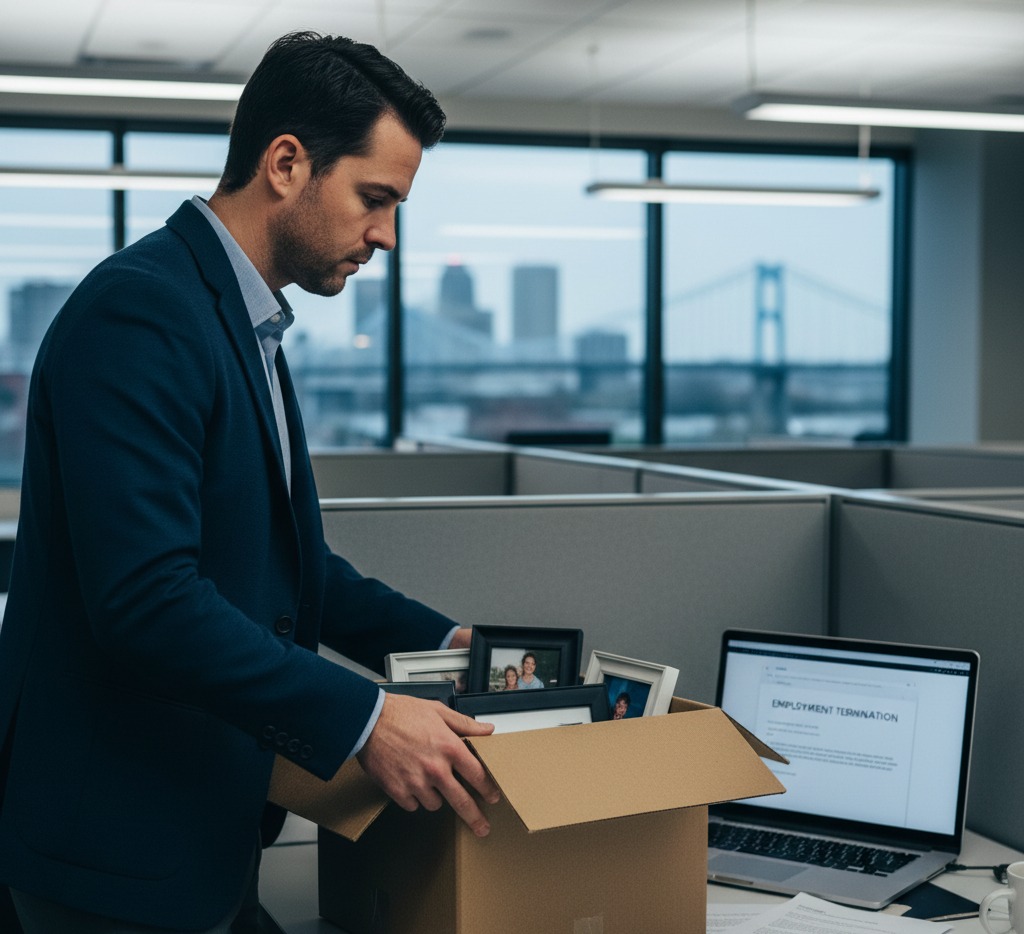Employee packing personal items after being dismissed, representing wrongful termination attorney Tennessee assisting workers facing job loss.