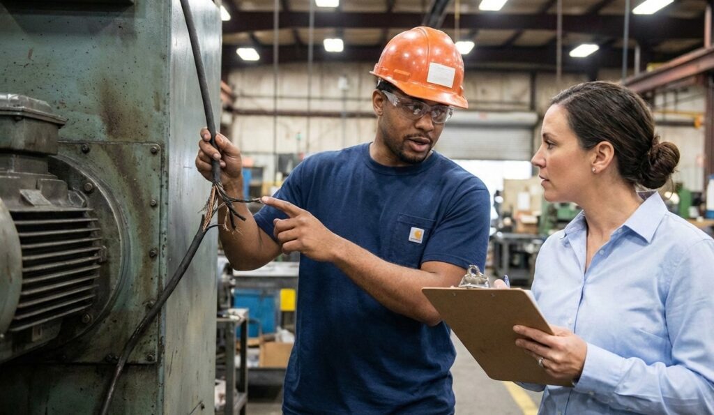 Employee pointing out damaged machinery to a supervisor, illustrating workplace retaliation after reporting safety violations in an industrial setting.