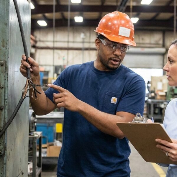 Employee pointing out damaged machinery to a supervisor, illustrating workplace retaliation after reporting safety violations in an industrial setting.